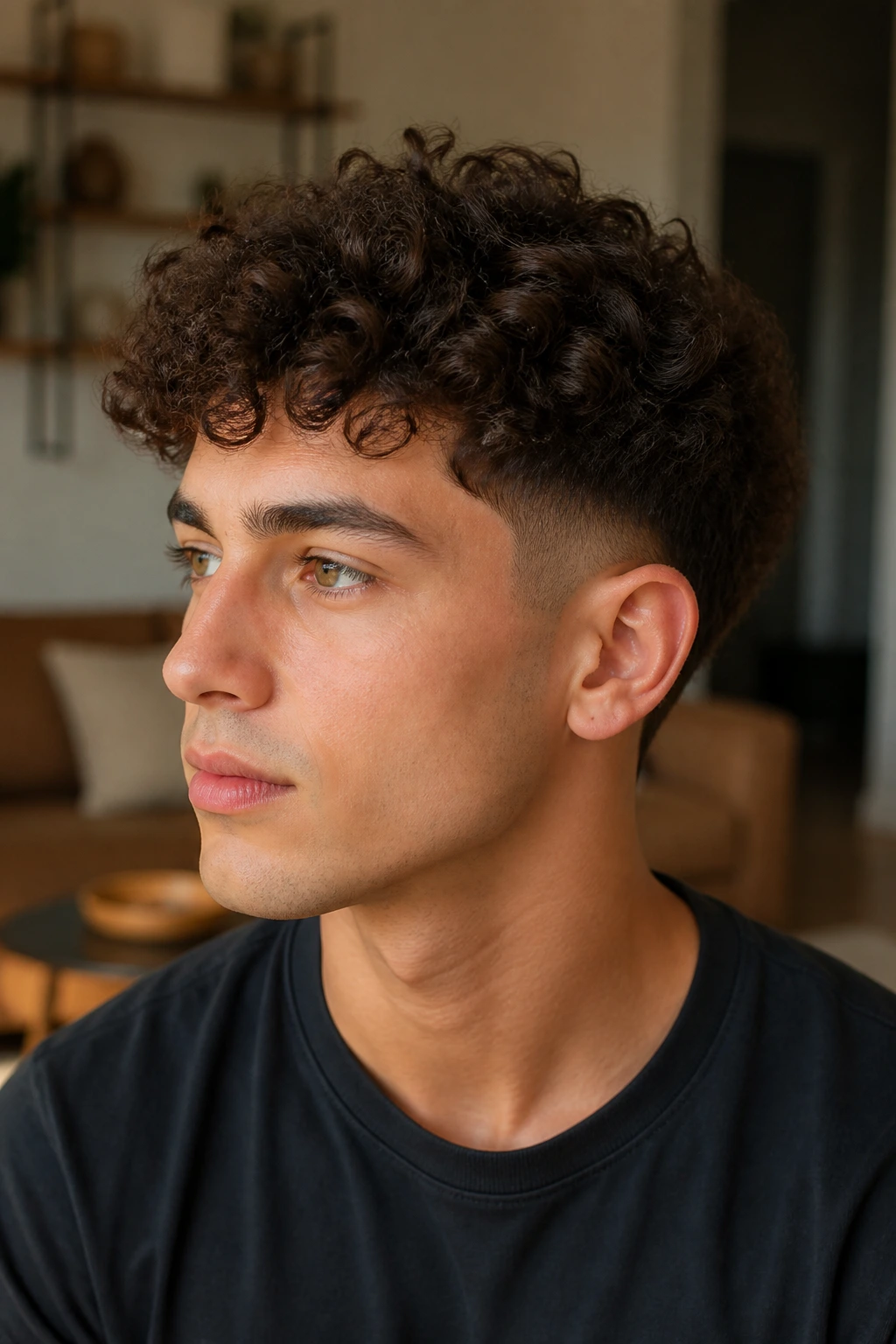 Close-up of a man with a curly top and low taper in a living room