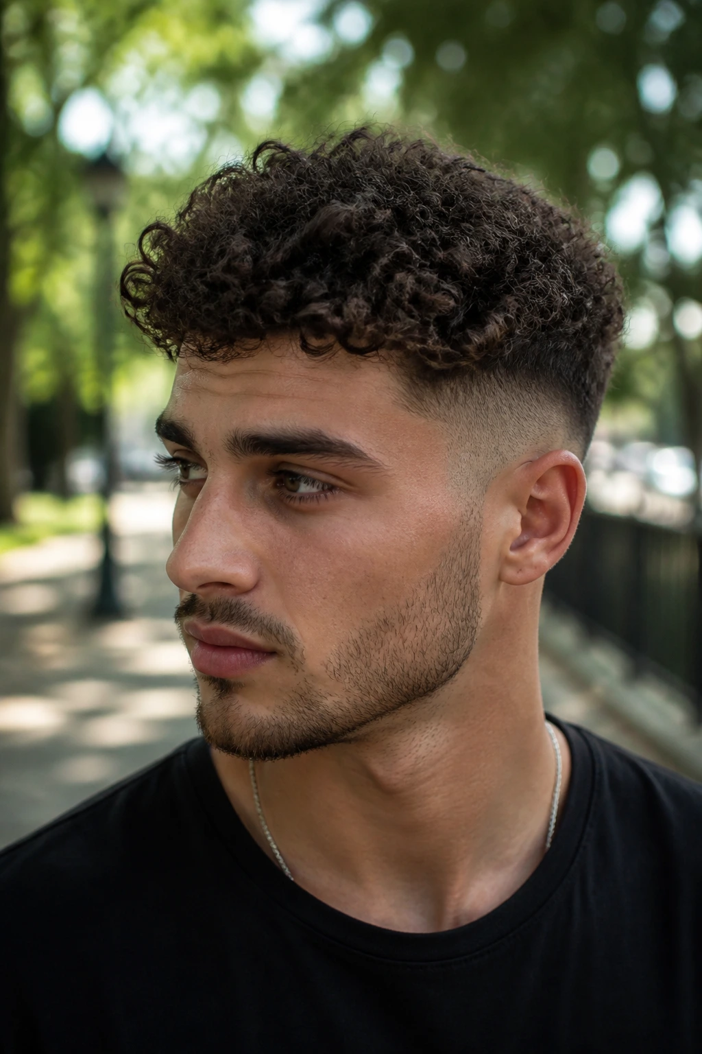 Close-up of curly top with mid fade hairstyle on a real man