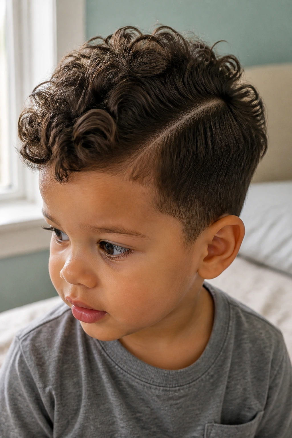 Close-up of toddler boy with curly top and clean part