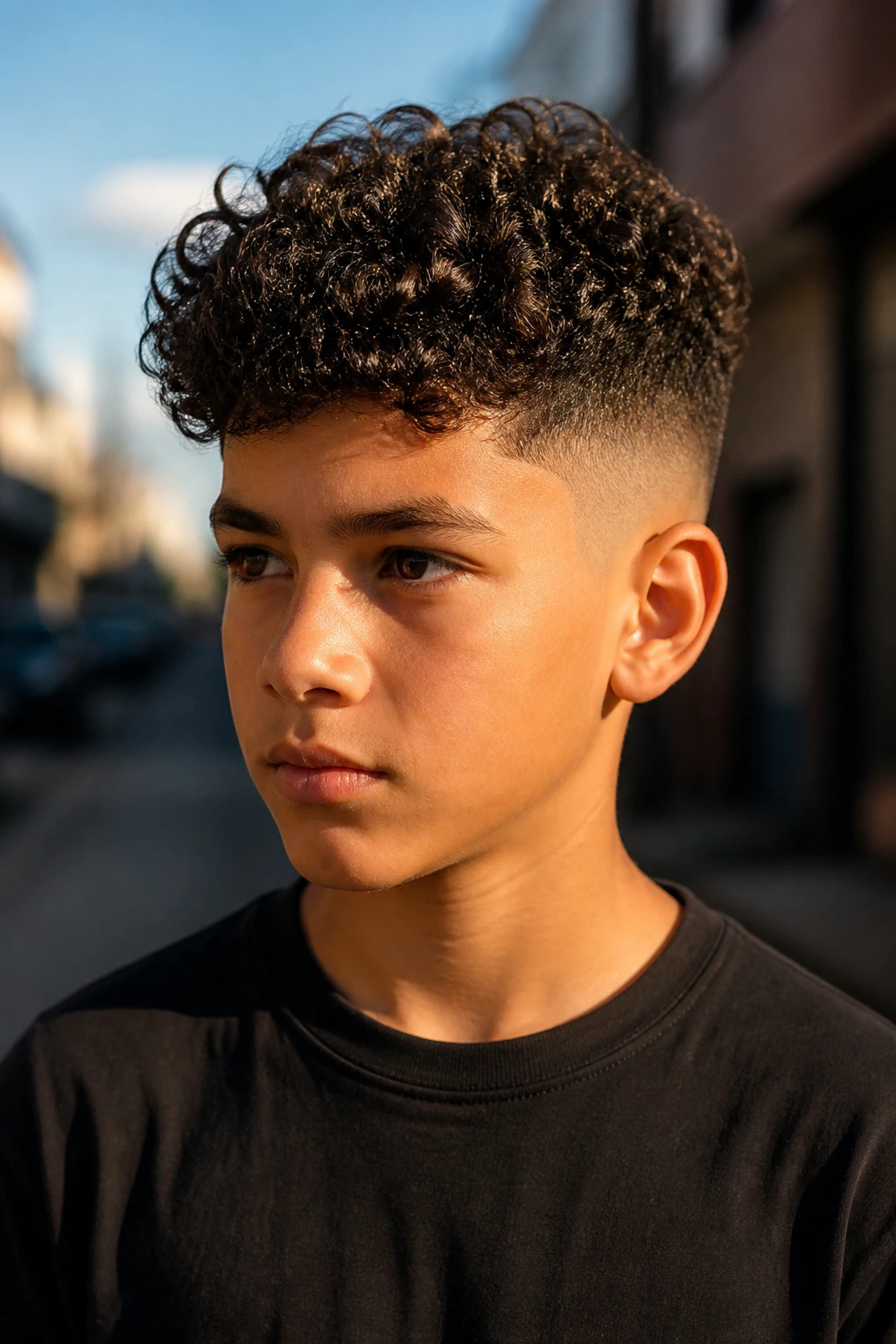 Boy with curly top and low skin fade in urban setting