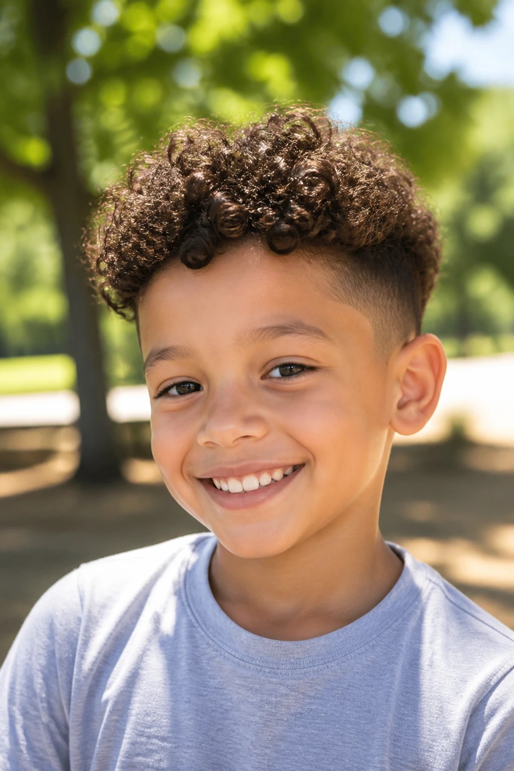 Close-up portrait of a child with a curly top taper haircut outdoors