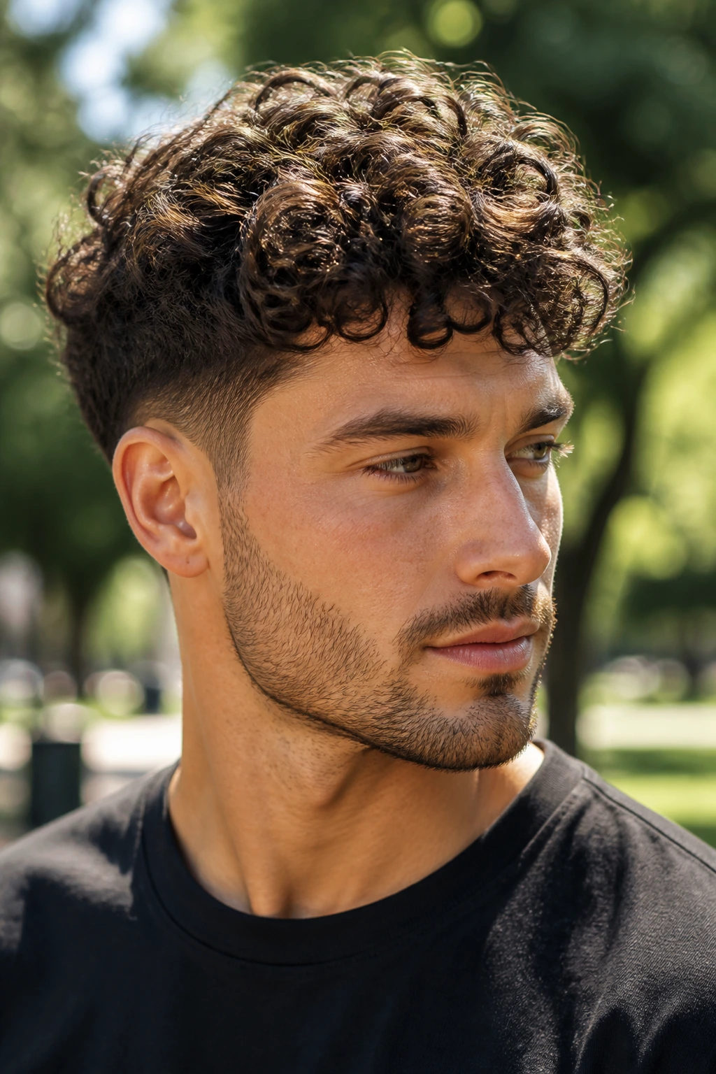 Close up of a man with curly top and tapered sides in natural daylight
