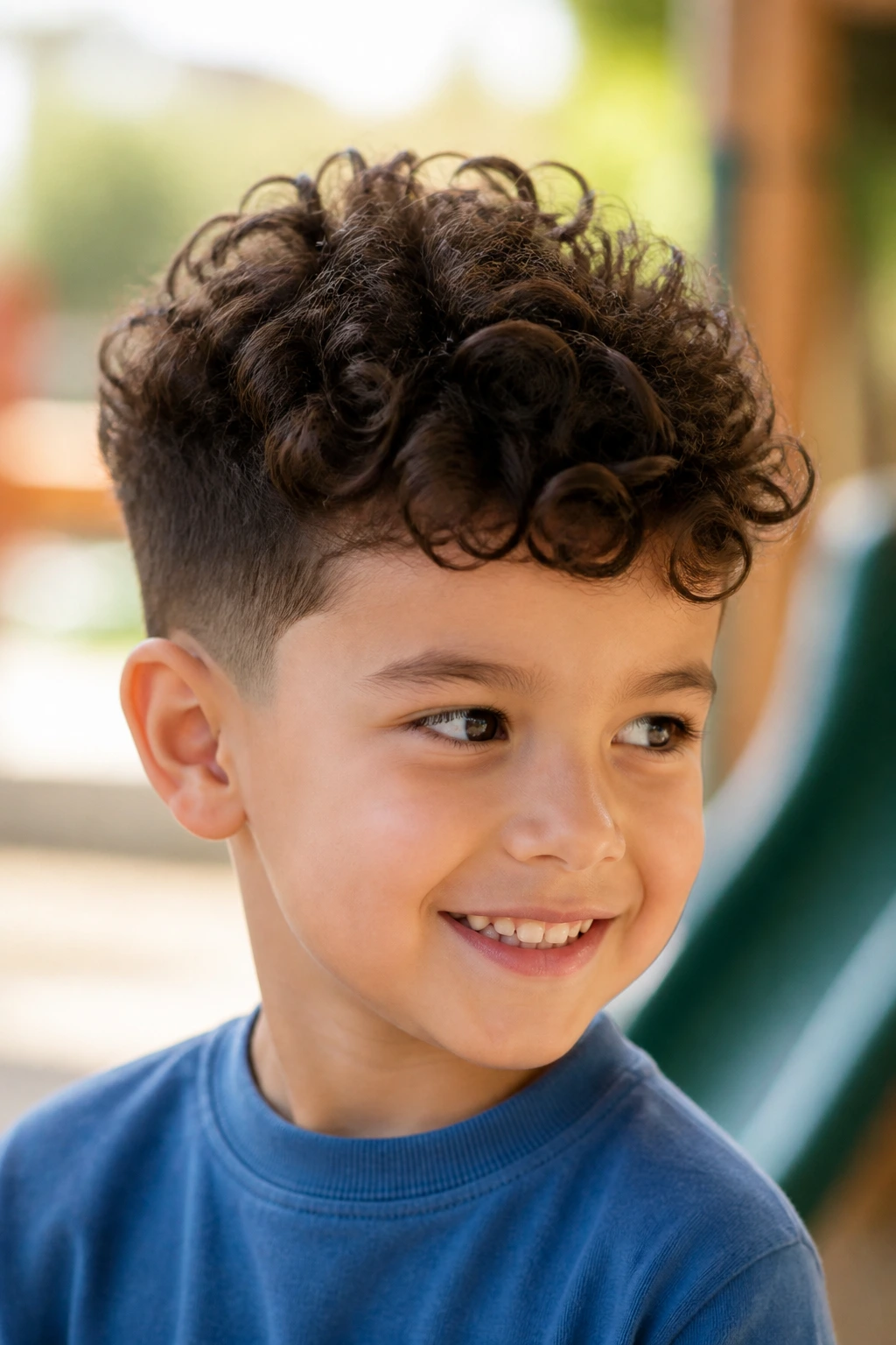 Curly-haired boy with tapered sides portrait in outdoor light