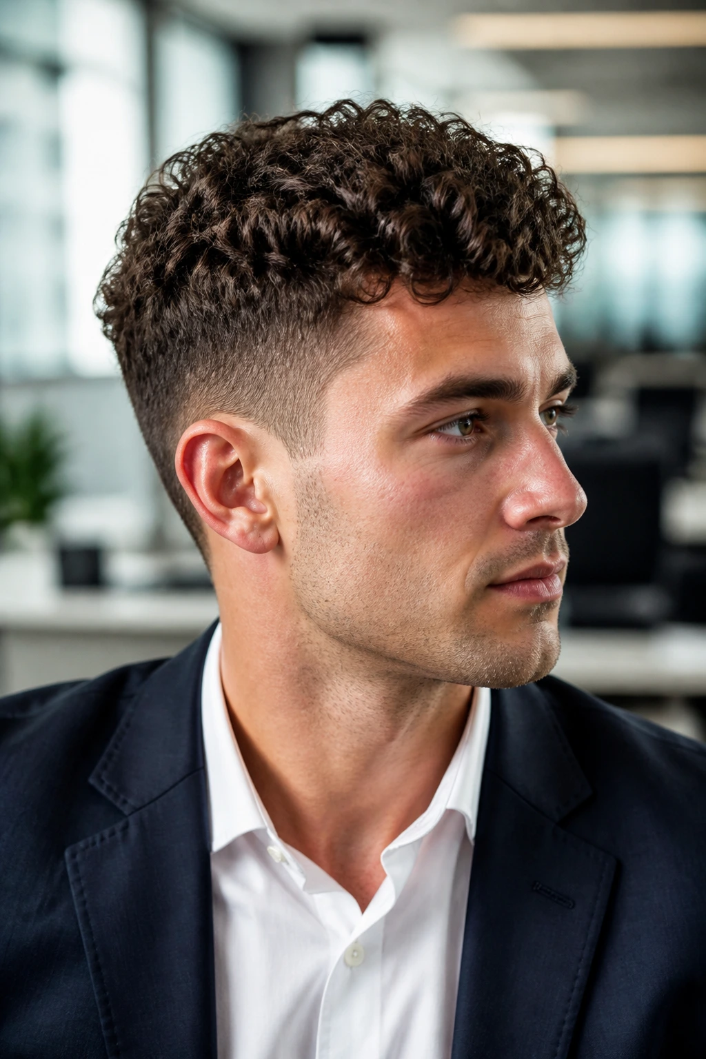 Close-up portrait of a real man with curly top haircut in an office