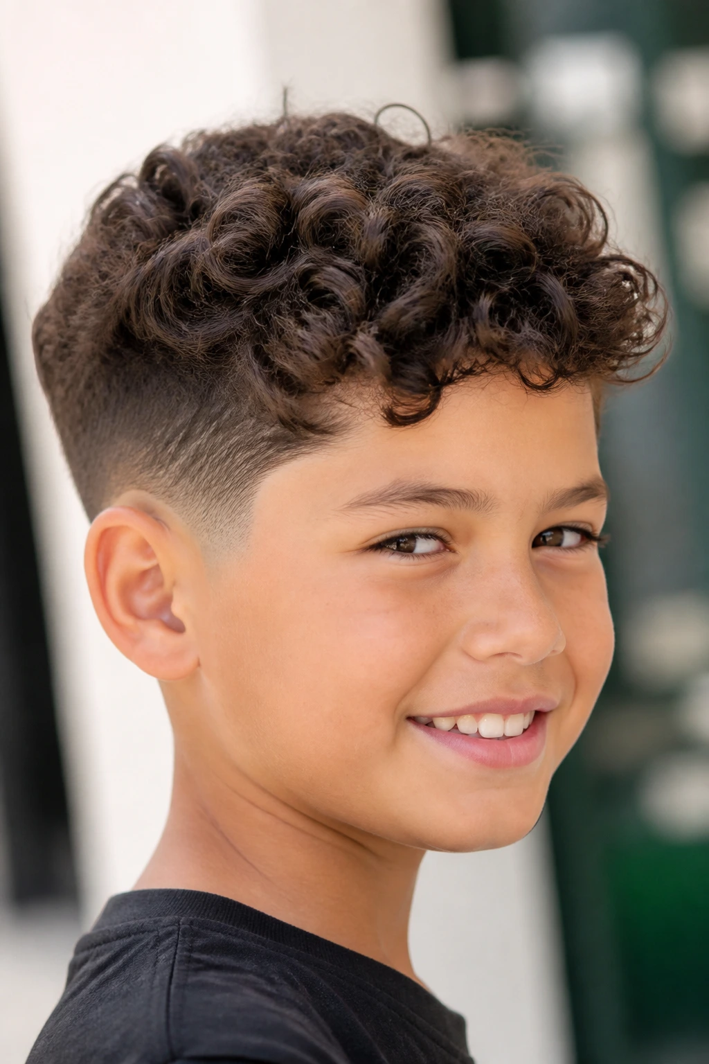 Close-up of a real child with a curly top and tapered sides