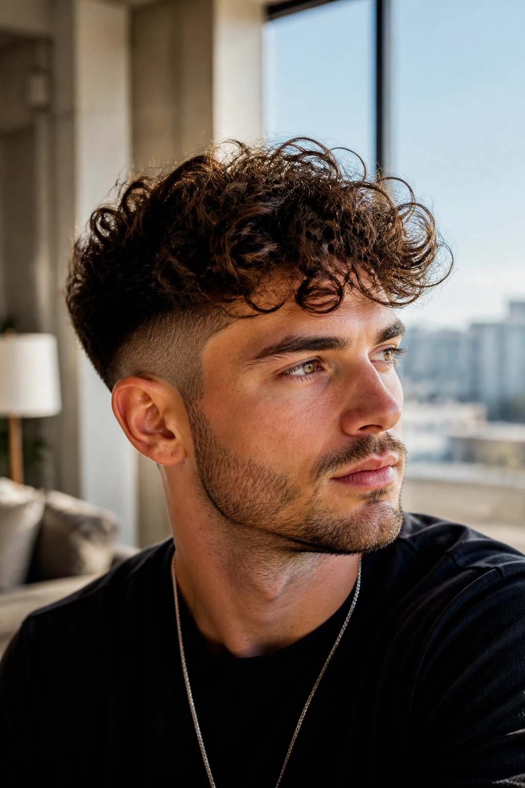 Portrait of a man with a curly top and tapered sides.