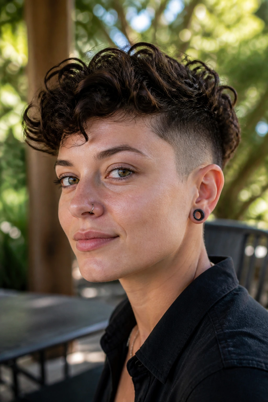 Close-up portrait of Curly Top Undercut hairstyle on a real person