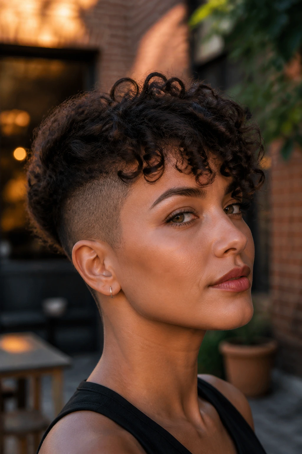 Close-up portrait of a real woman with curly top undercut against brick wall backdrop