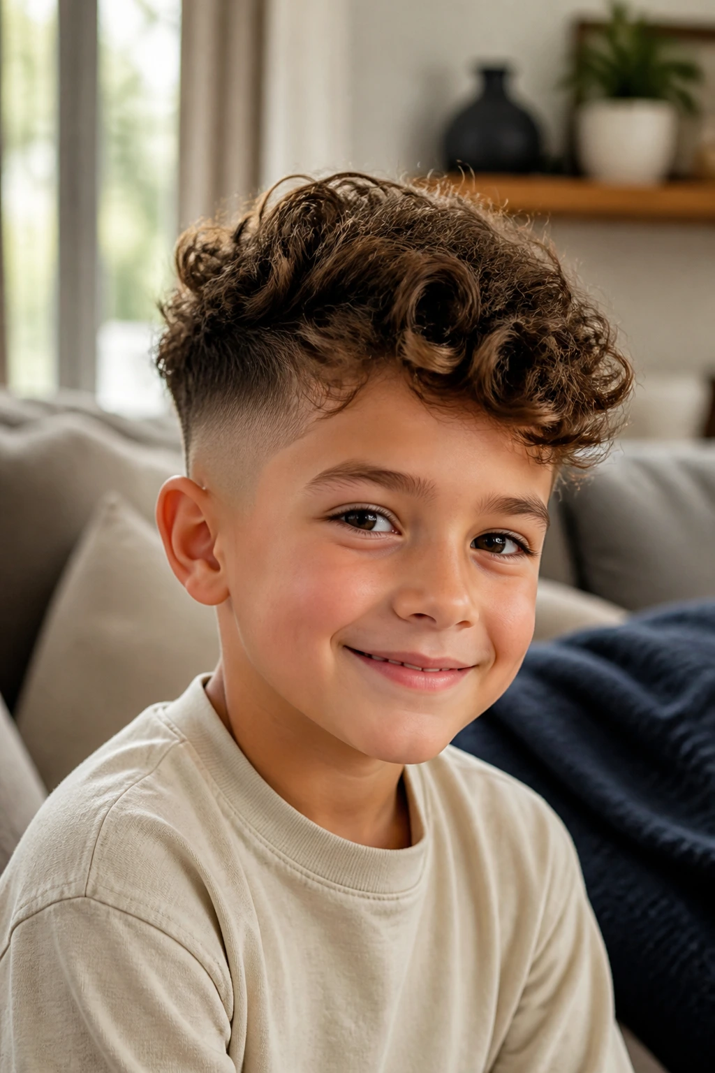 Child with curly-top hairstyle and tapered sides in a cozy living room.