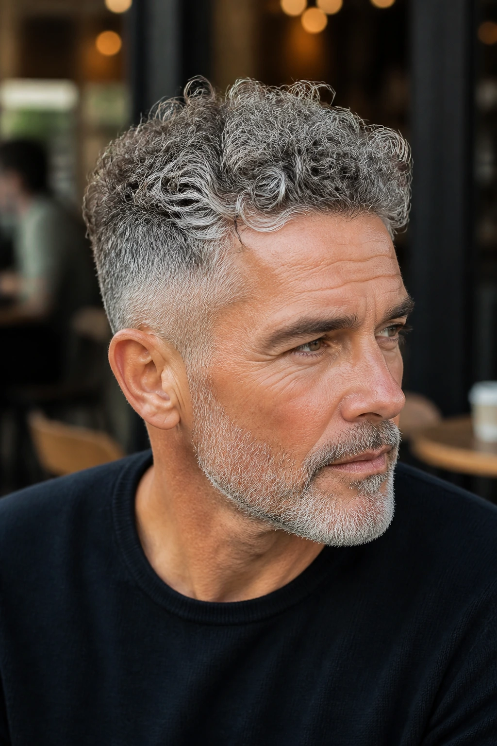 Close-up of a man with curly gray hair on top and tapering sides