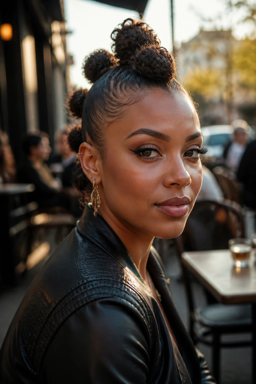 Close-up of a woman with curly topknot mohawk in an outdoor cafe setting.