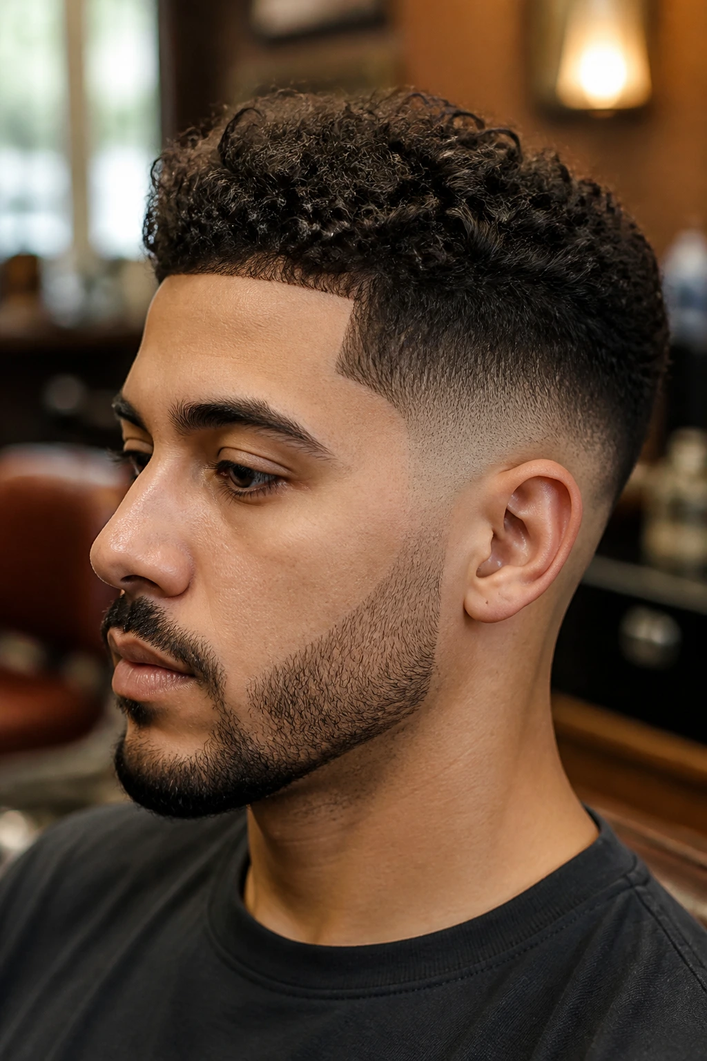 Close-up portrait of a man with neatly trimmed curly haircut