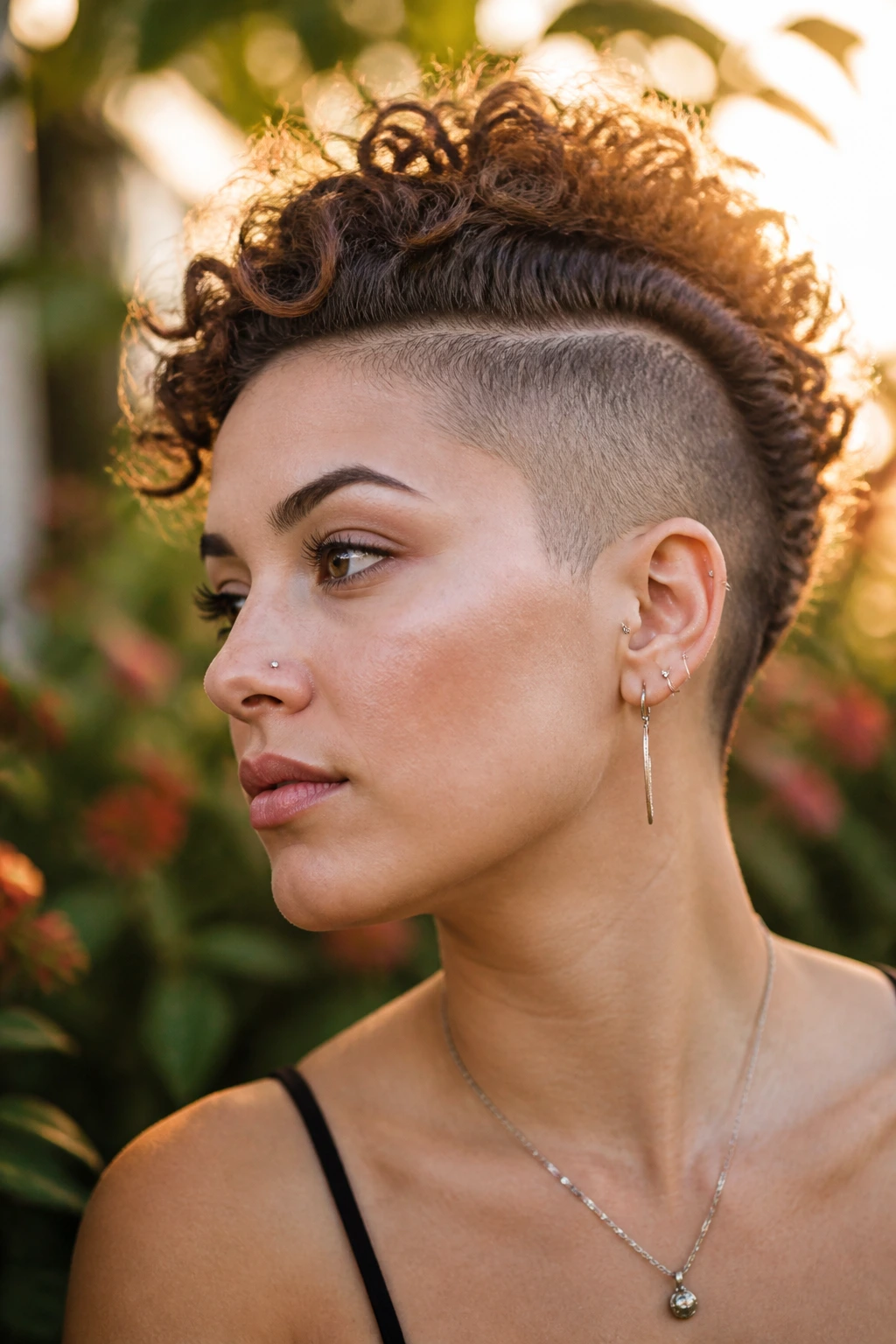 Close-up portrait of a real person with curly tuck-back undercut in a sunny garden