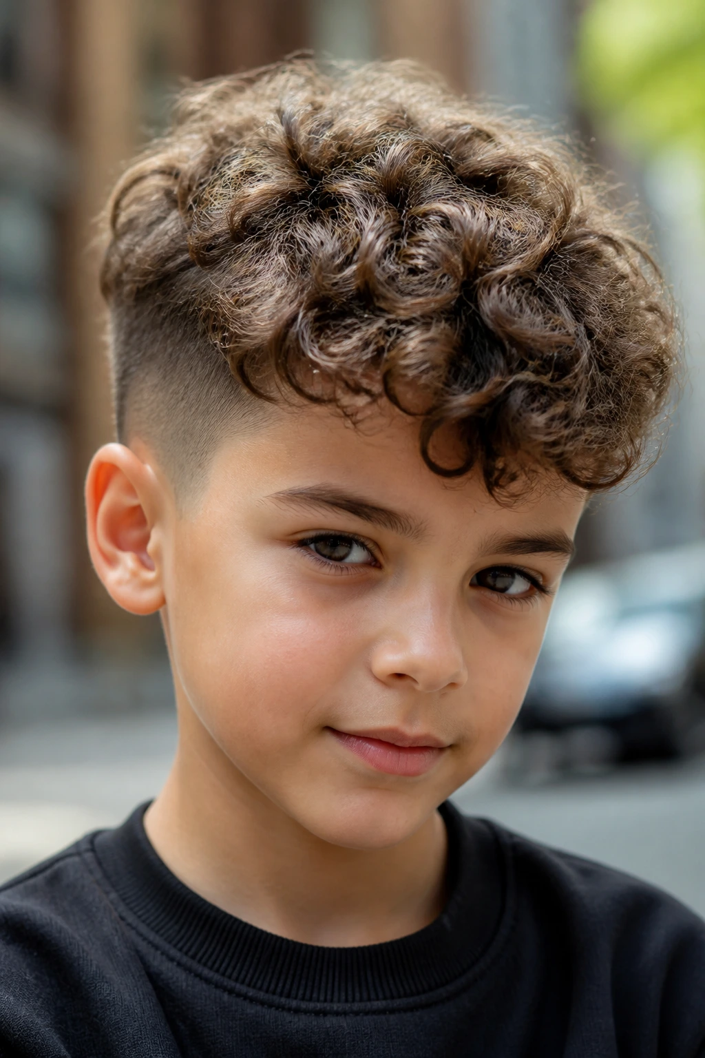 Portrait of a boy with curly undercut and full top