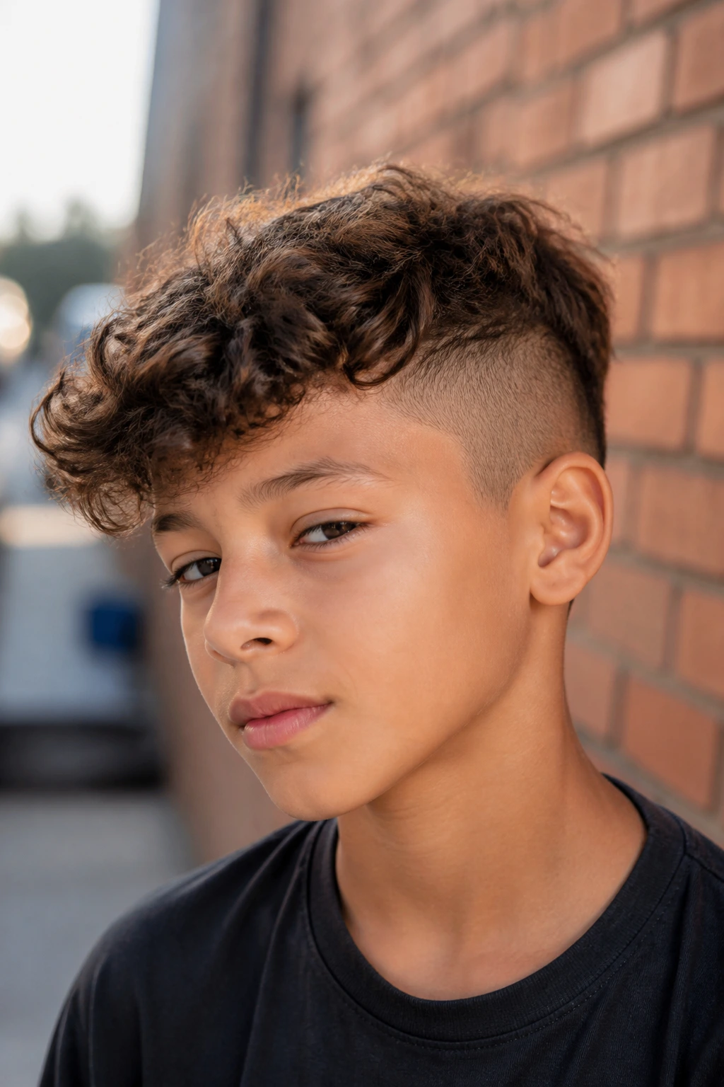 Close-up portrait of a boy with curly undercut hairstyle