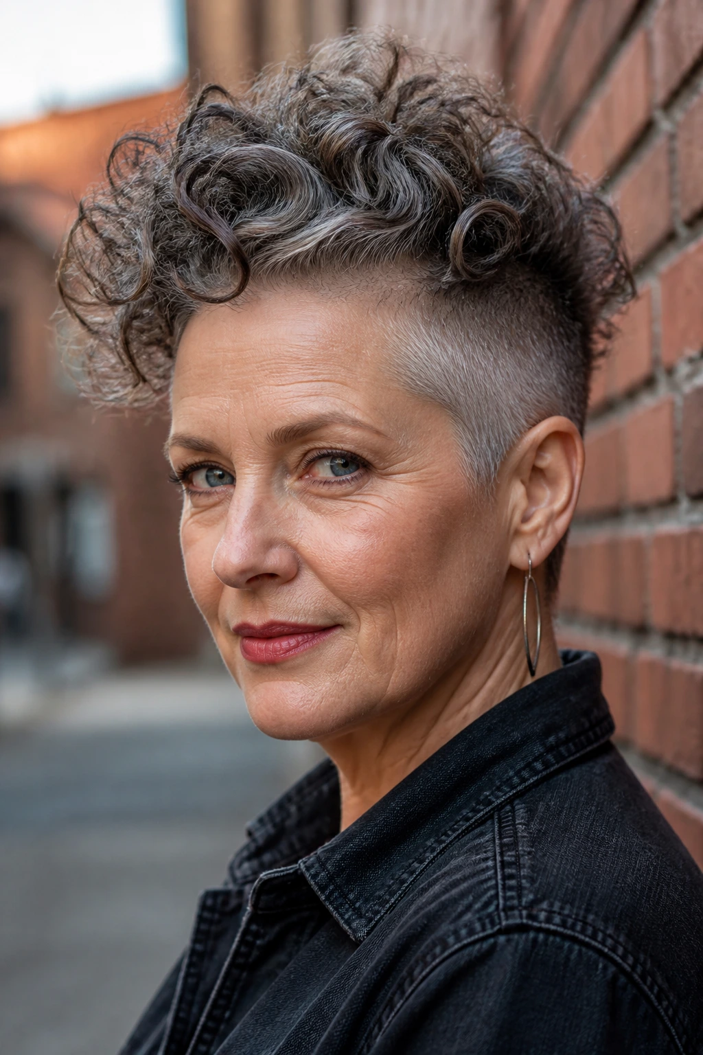 Three-quarter portrait of woman with curly undercut and bold crown in urban light