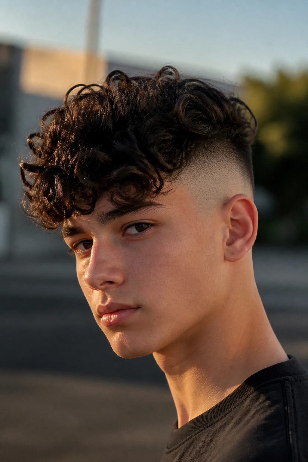 Teenage boy with curly undercut outdoors