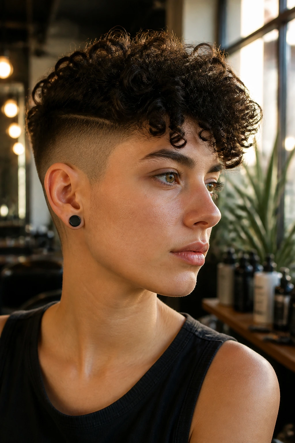 Close-up of a real person with a curly undercut, shaved sides and curly top in a warm salon setting.