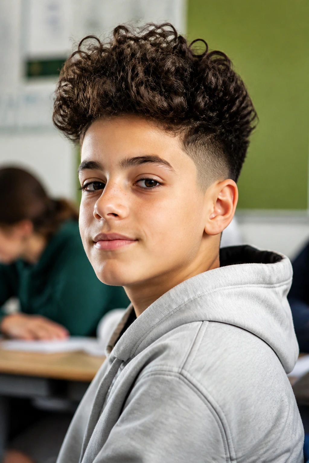 Real schoolboy with curly undercut showing extra height hairstyle