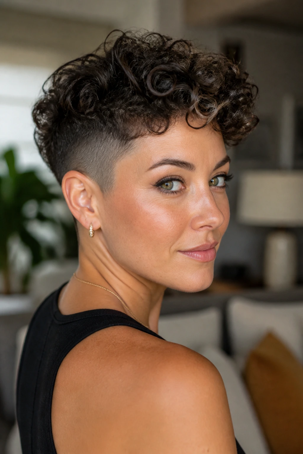 Close-up portrait of a real woman with a curly undercut pixie in natural window light.