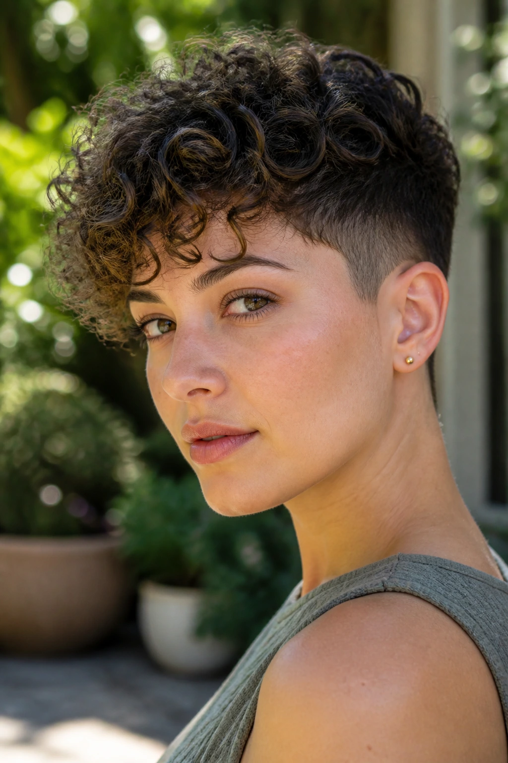 Portrait of a real woman with curly undercut pixie