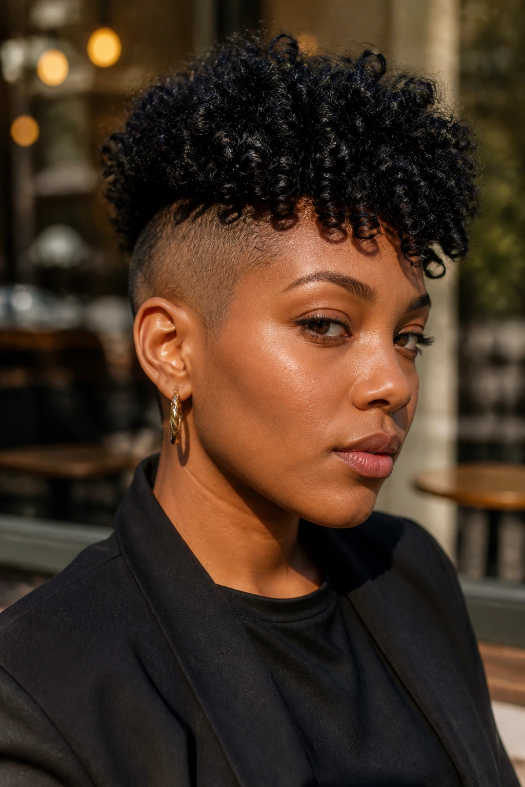 Close-up portrait of a real person with a curly undercut hairstyle