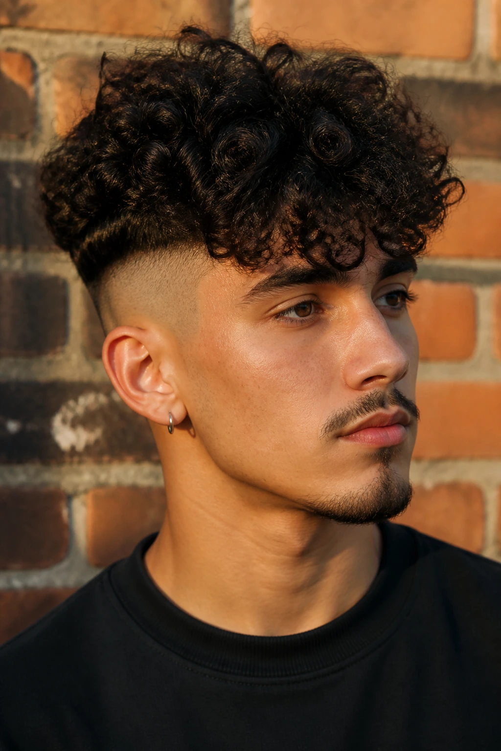Close-up of a man with a curly undercut and heavy top.