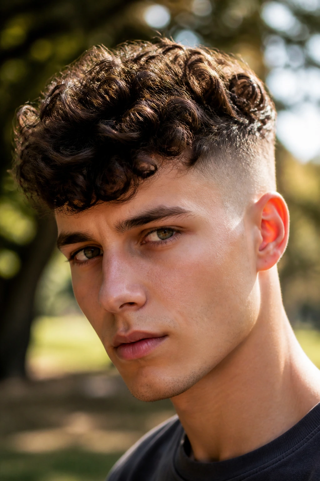 Portrait of a curly-haired person with an undercut and prominent curls.