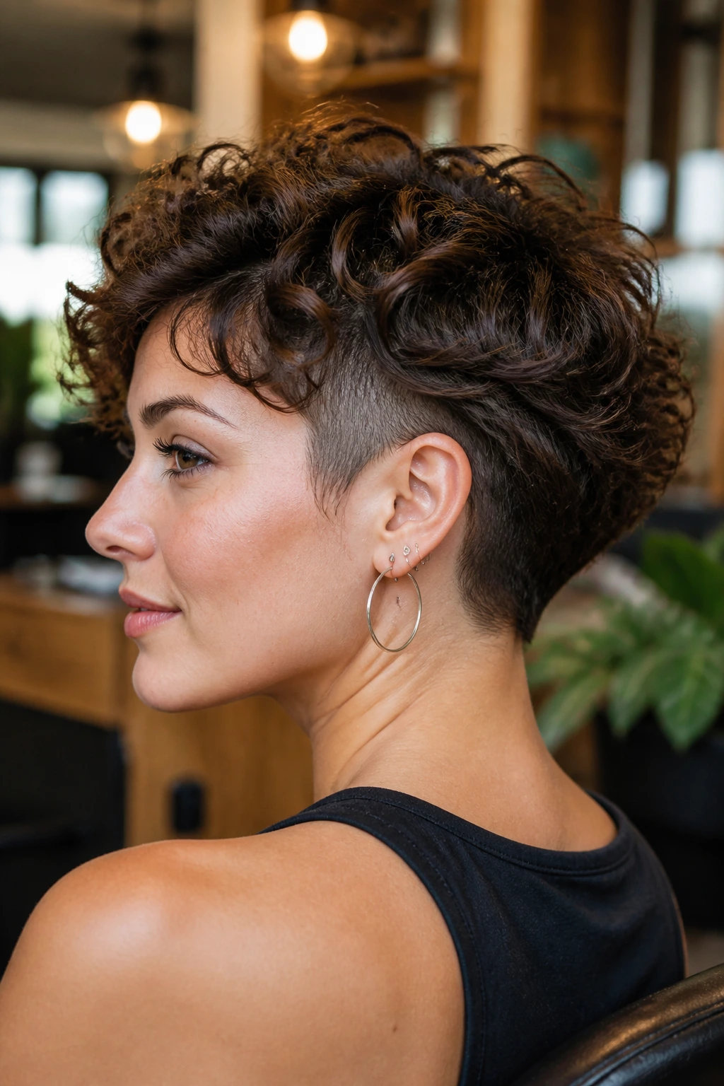 Close-up portrait of a real woman with curly undercut shag, shaved undercut at nape