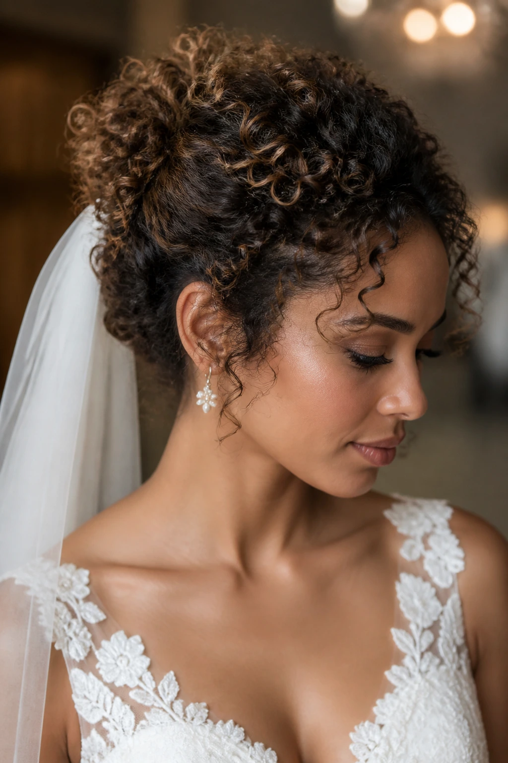 Close-up of bride with curly updo and hidden pins