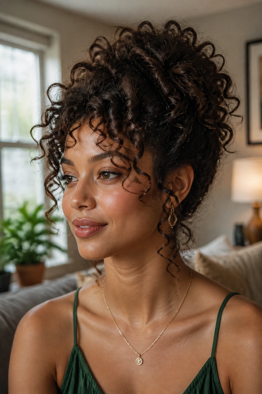 Portrait of a person with curly hair styled into a lively updo in natural light