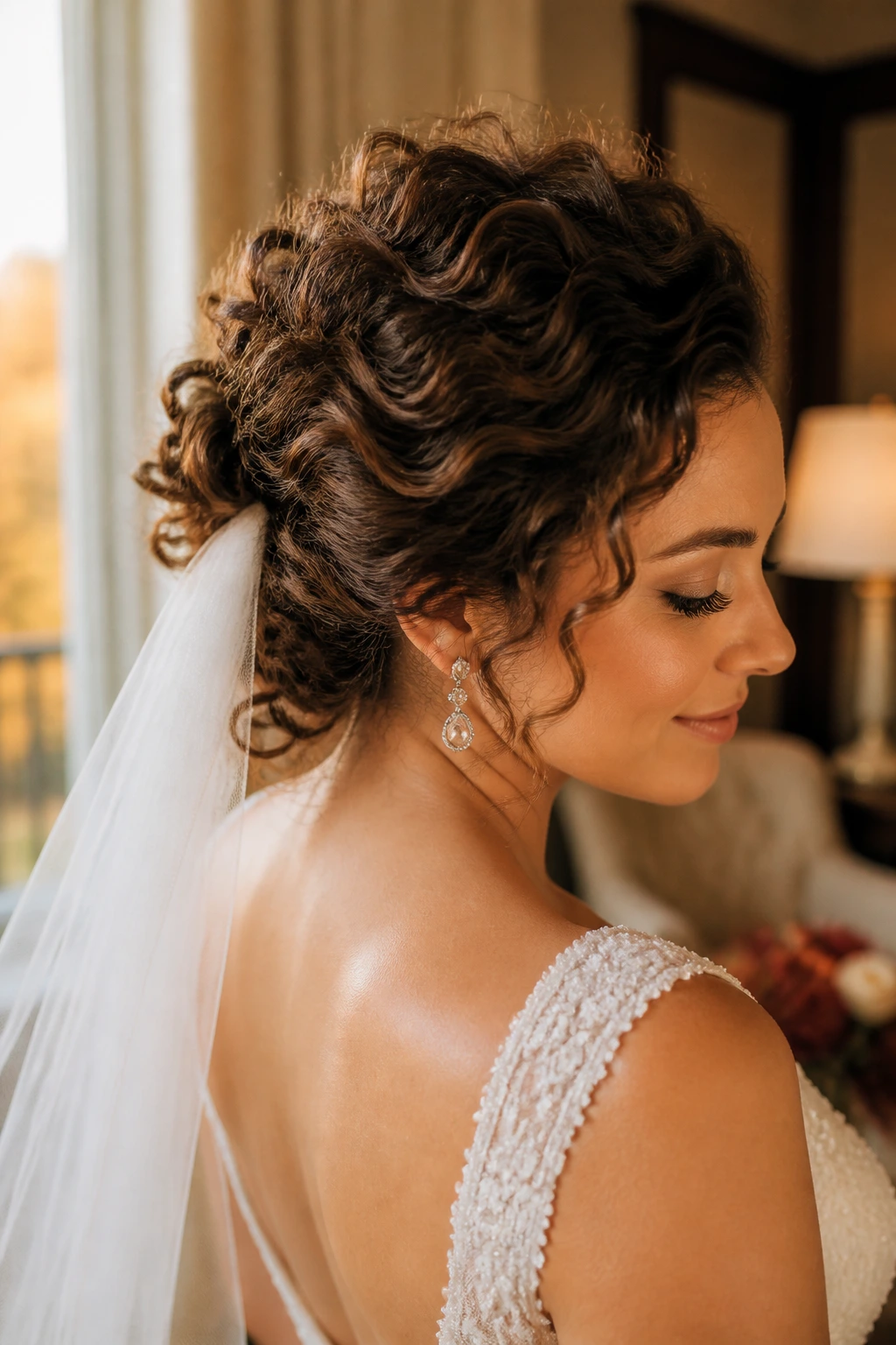 Close-up of bride with defined curly updo and lifted crown