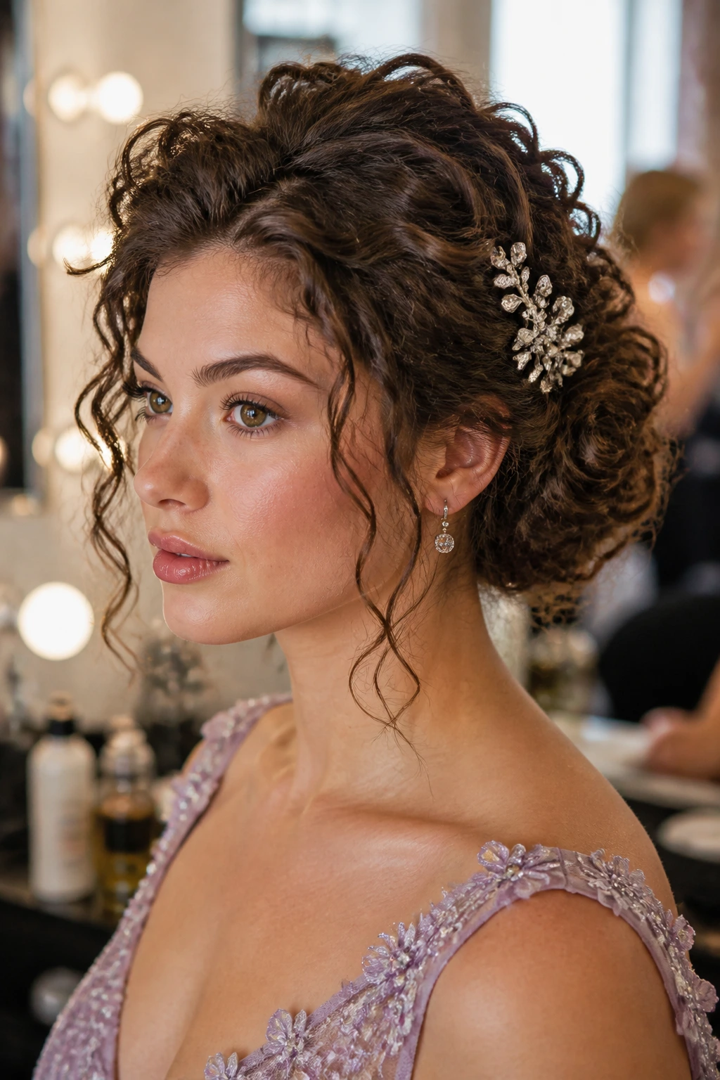 Close-up of a real woman with a curly updo and jewel pins in soft backstage light