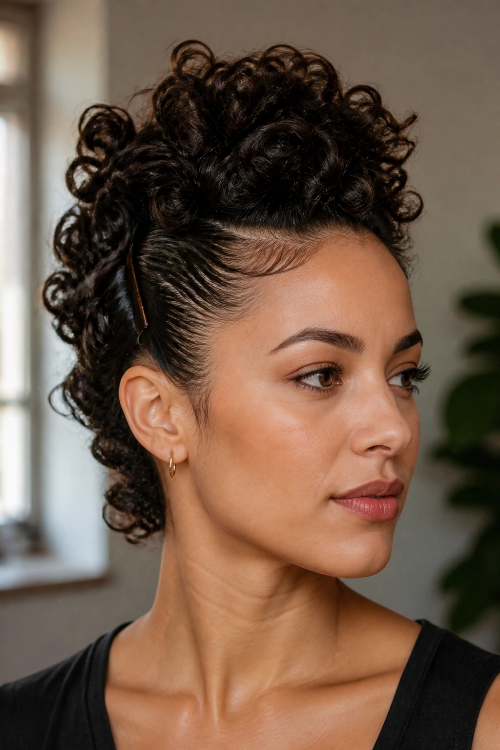 Close-up portrait of a real woman with Curly Mohawk Updo featuring a tall center ridge and pinned sides