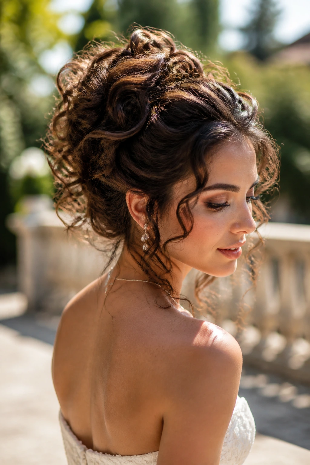 Close-up of bride with curly updo and ringlet extensions