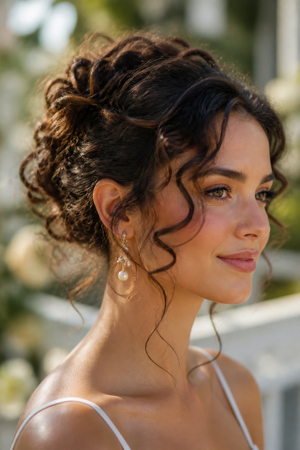 Close-up of a real bride with a curly updo and loose tendrils around the temples