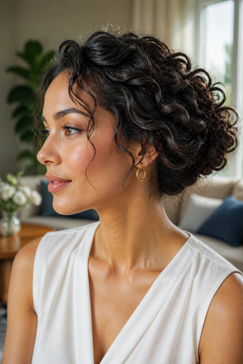 Real woman with curly-texture updo demonstrating variations of the style.