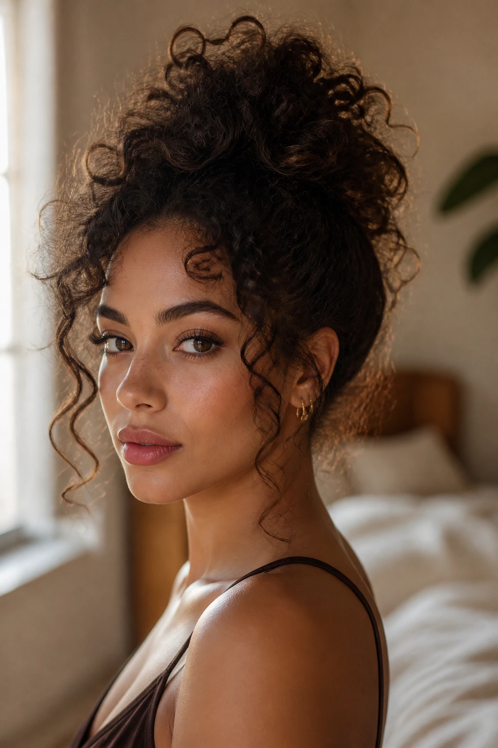 Close-up portrait of a real woman with a curly updo and soft tendrils in natural window light