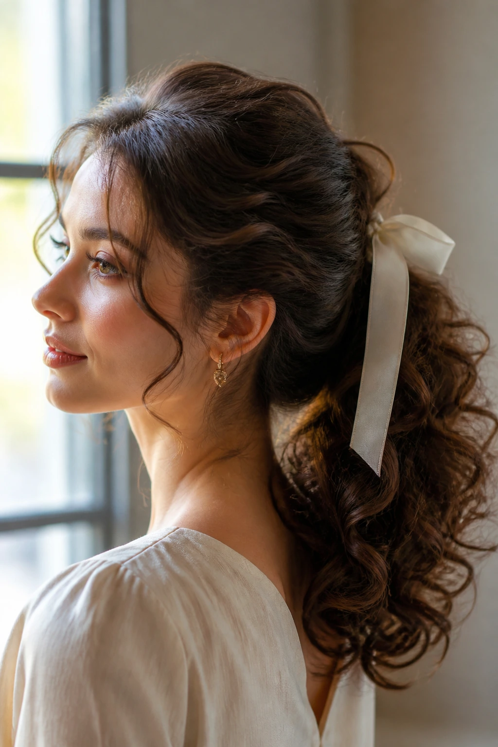 Real woman with curly vintage ponytail and ribbon