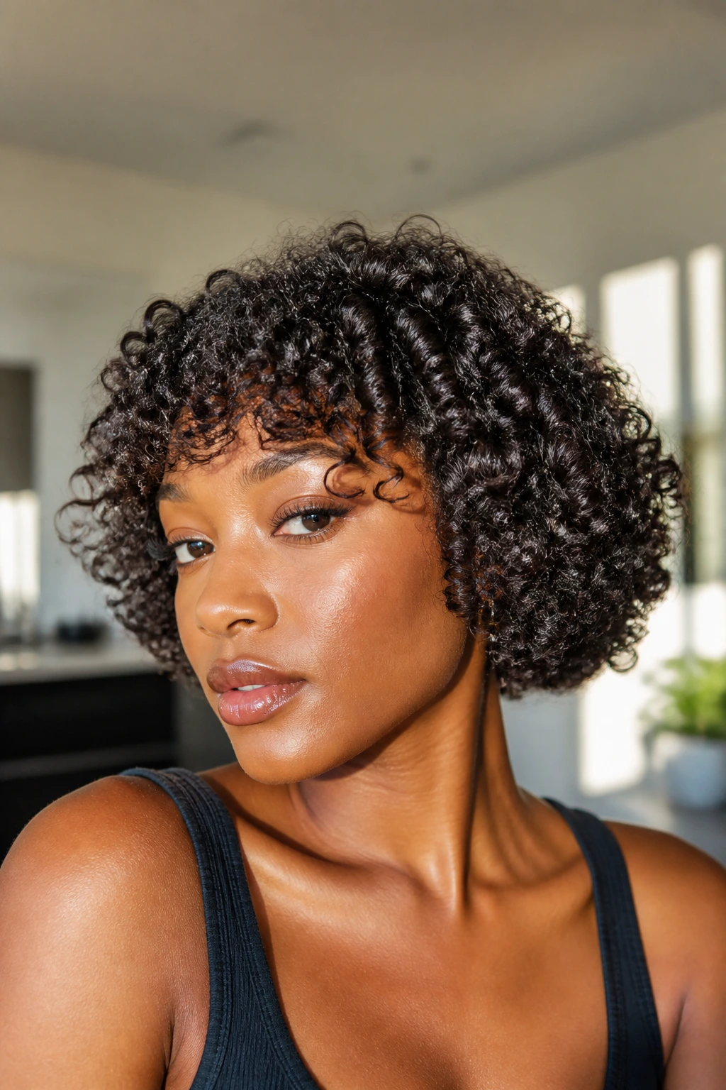 Portrait of a Black woman with a curly wash-and-go bob
