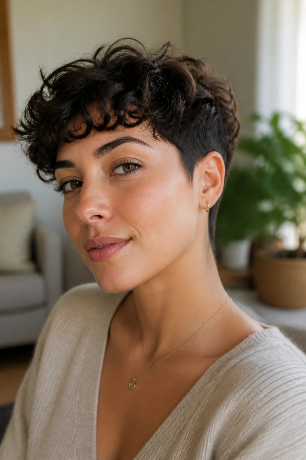 Close-up of a real woman with Curly-Wave Crop hairstyle in warm window light