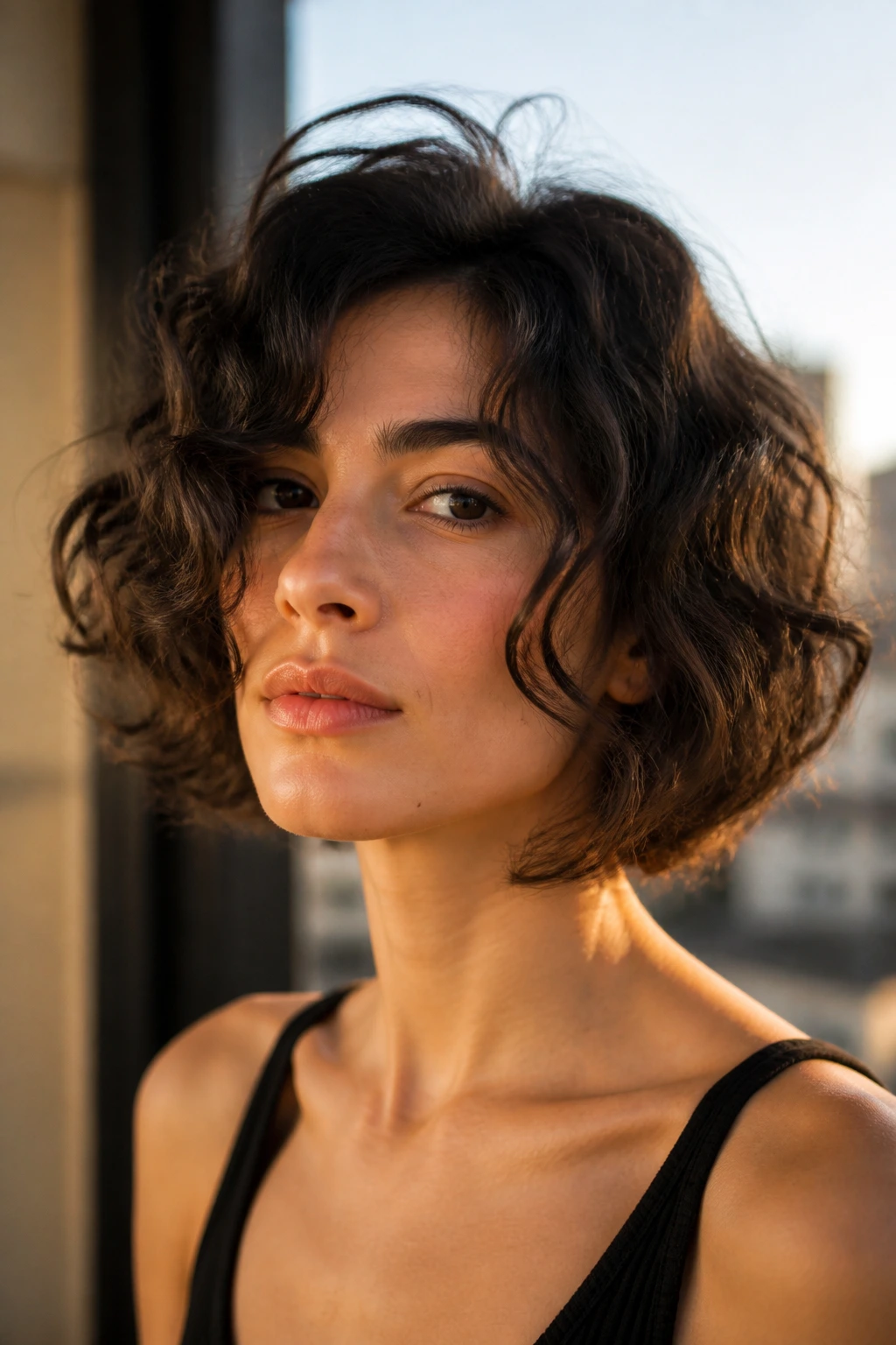 Close-up portrait of a real woman with a curly-wave hybrid bob on an urban balcony.