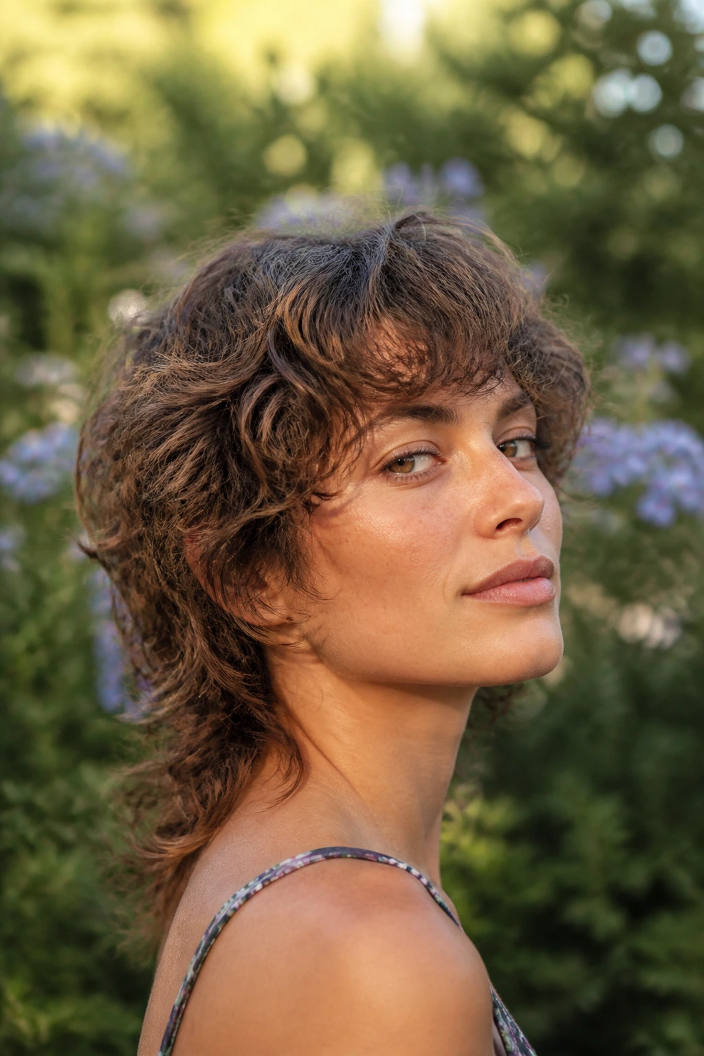 Portrait of a real woman with curly-wave shag mullet and tapered nape