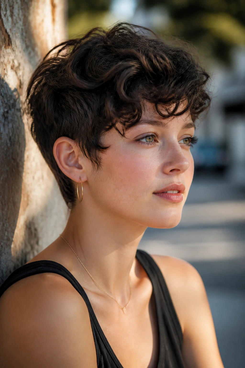 Portrait of a real person with curly-wave pixie variation outdoors