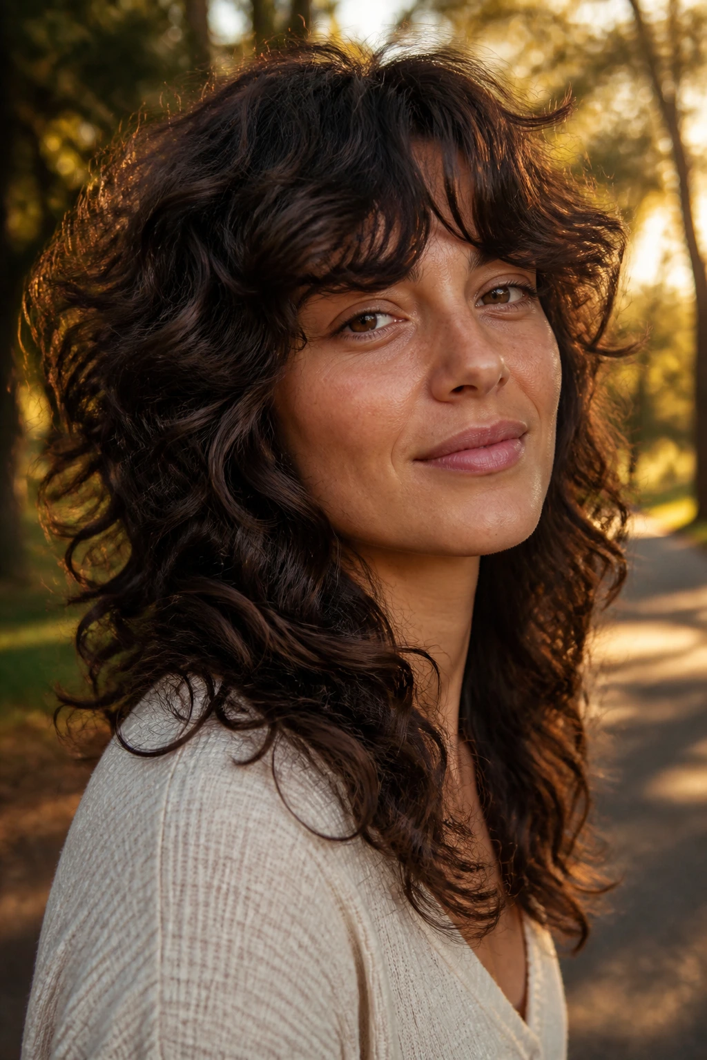 Portrait of a real woman with a curly-wave shag in golden hour light