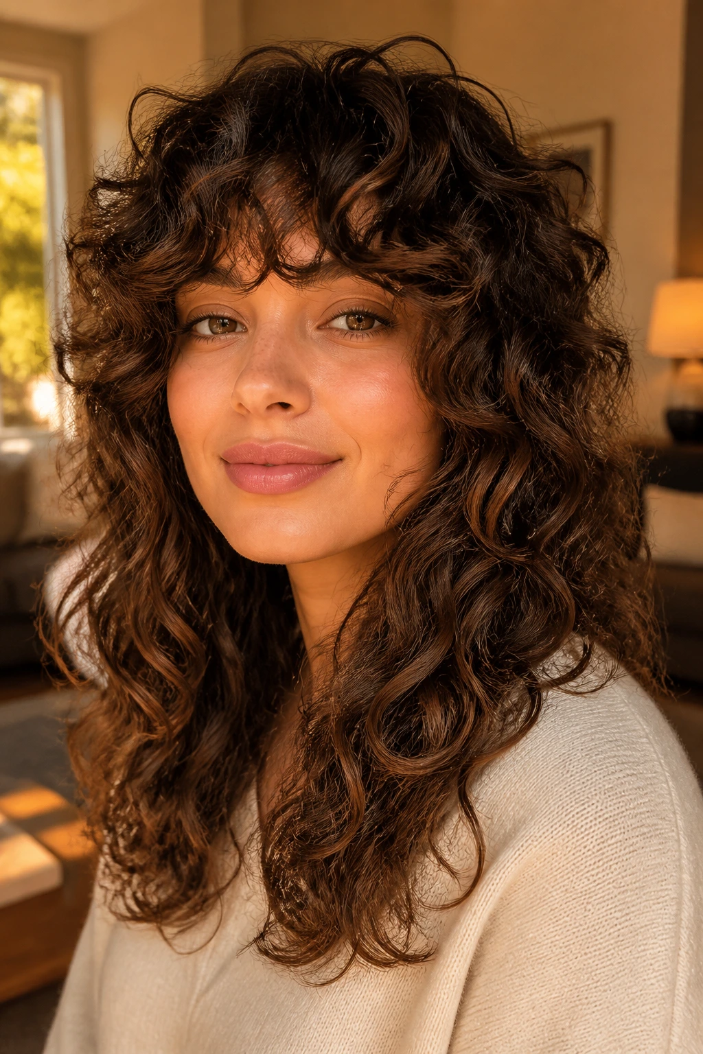 Close-up portrait of a real woman with a curly-wavy hybrid cut in warm natural light.
