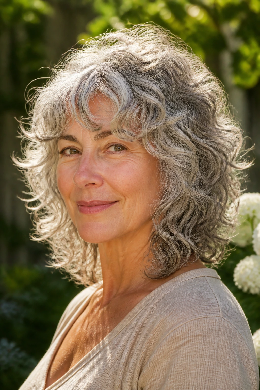 Close-up of a real woman with curly-wavy hybrid shag