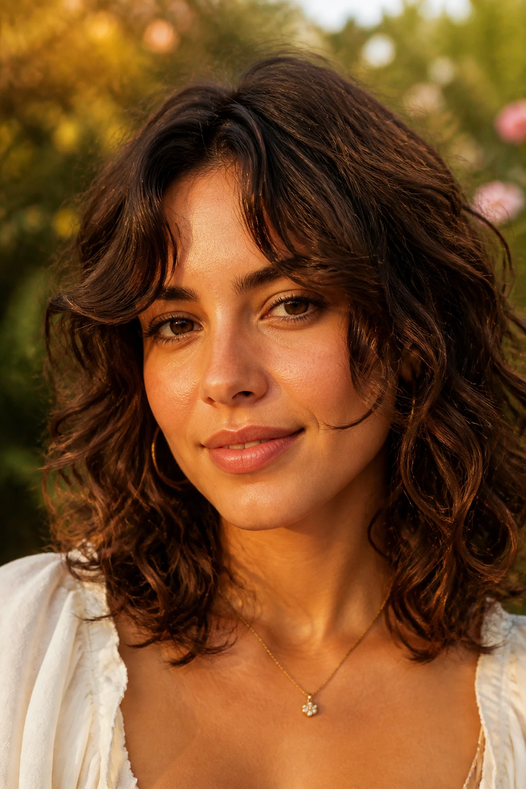 Close-up portrait of a woman with curly or wavy medium-length hair and split bangs