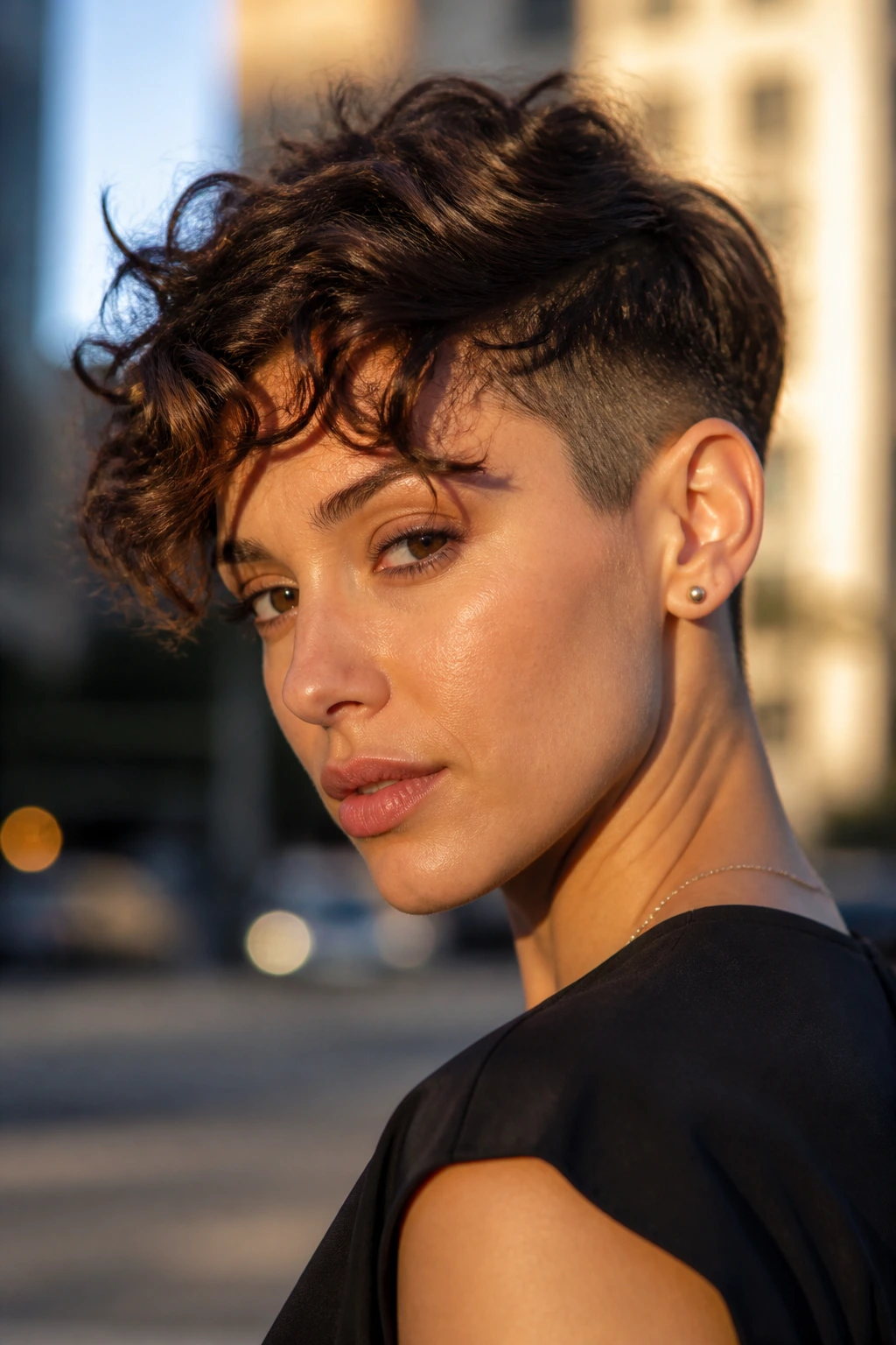 Close-up portrait of a real person with curly-wavy pixie and soft undercut