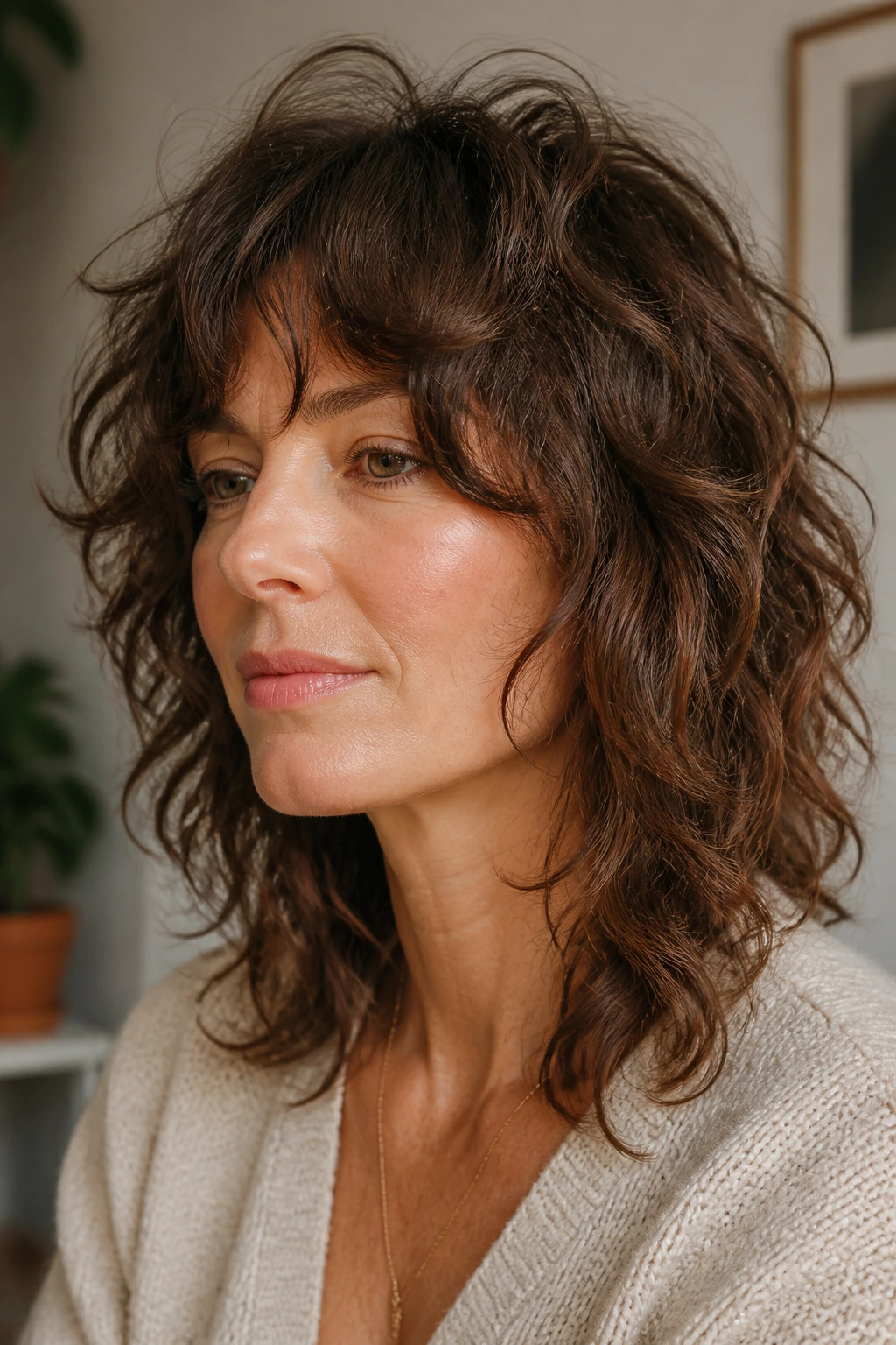 Close-up of a real woman with curly-wavy shag and soft waves framing the face.